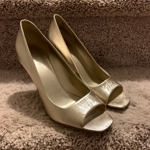 Nine West - Gold Shimmer Open Toed Heels - Picture 1 of 9